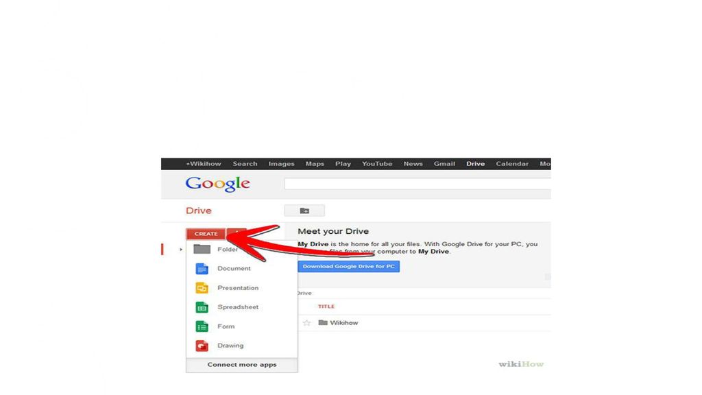 Usar Google Drive Crea un nuevo documento haciendo click en el botón Crear que se encuentra a la izquierda de tu pantalla.