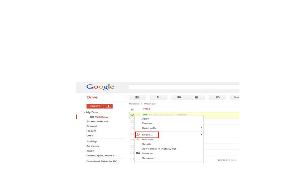 Usar Google Drive Cuando seleccionas la casilla junto a los documentos, aparecerá un menú que te permite compartir, organizar, borrar,