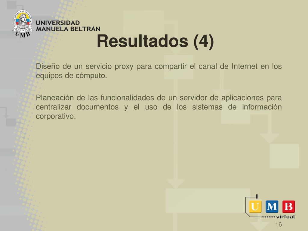 Resultados (4) Diseño de un servicio proxy para compartir el canal de Internet en los equipos de cómputo.