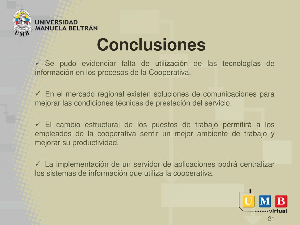 Conclusiones Se pudo evidenciar falta de utilización de las tecnologías de información en los procesos de la Cooperativa.