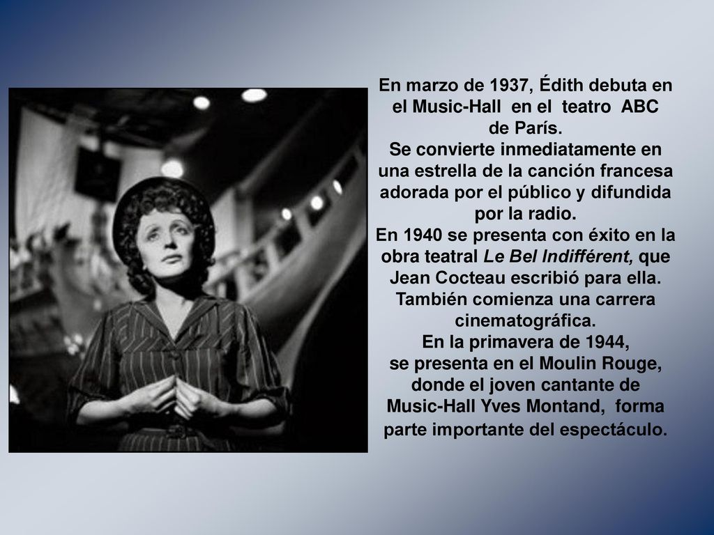 En marzo de 1937, Édith debuta en el Music-Hall en el teatro ABC de París.