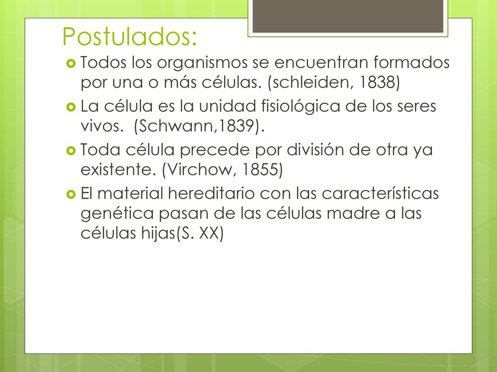 Postulados: Todos los organismos se encuentran formados por una o más células. (schleiden, 1838)