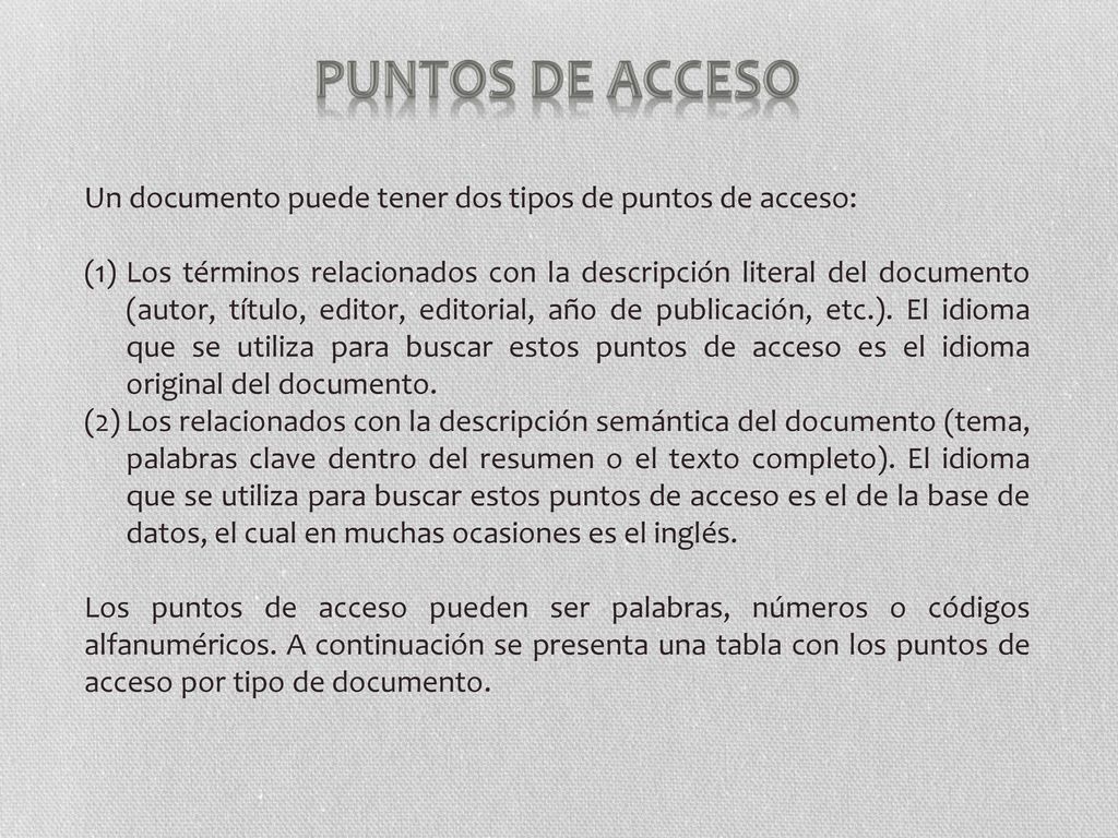 Puntos de acceso Un documento puede tener dos tipos de puntos de acceso: