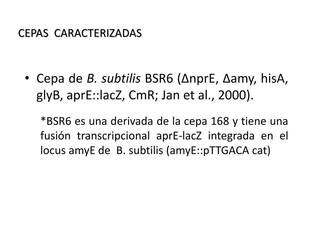CEPAS CARACTERIZADAS Cepa de B. subtilis BSR6 (ΔnprE, Δamy, hisA, glyB, aprE::lacZ, CmR; Jan et al., 2000).