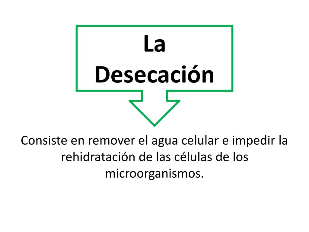 Consiste en remover el agua celular e impedir la rehidratación de las células de los microorganismos.
