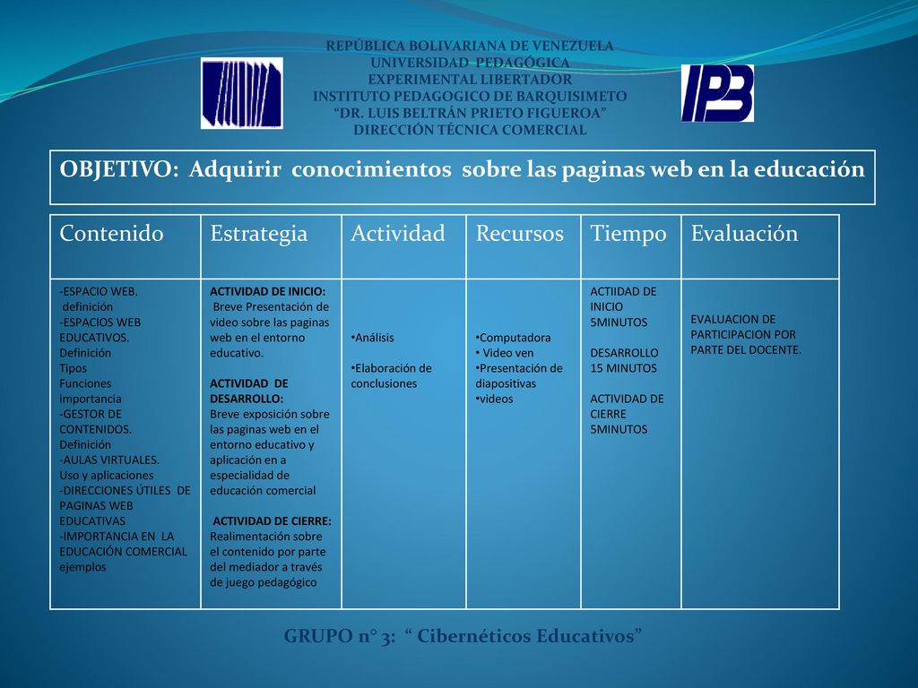 OBJETIVO: Adquirir conocimientos sobre las paginas web en la educación