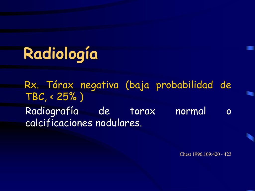 Radiología Rx. Tórax negativa (baja probabilidad de TBC, < 25% )