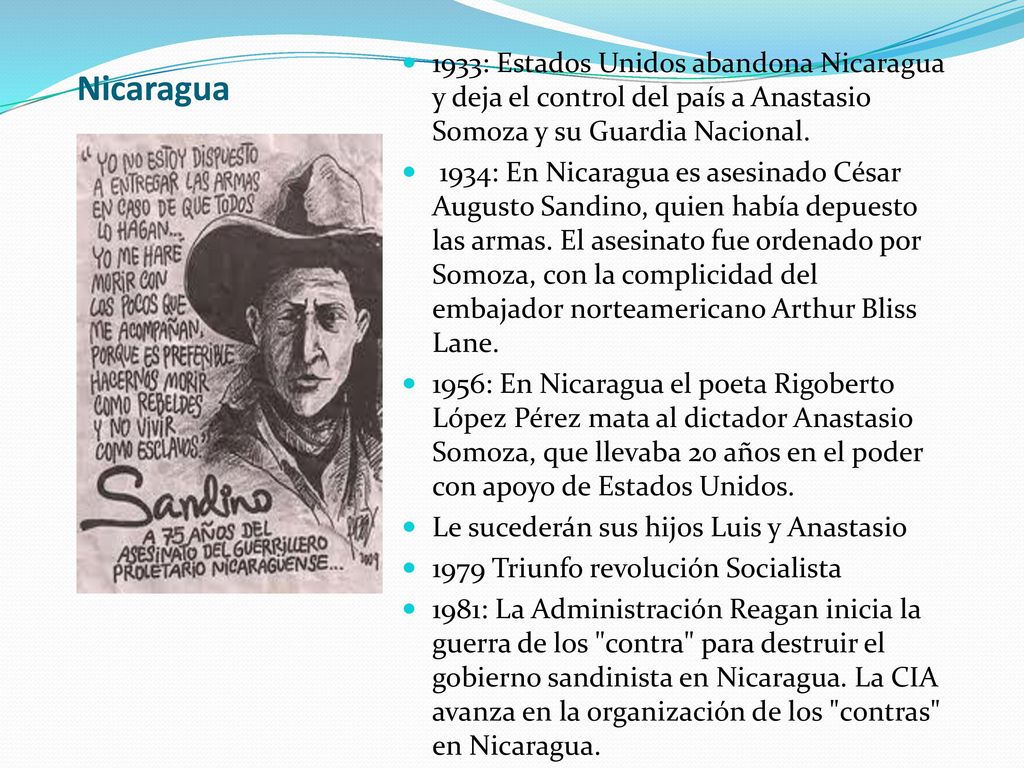 1933: Estados Unidos abandona Nicaragua y deja el control del país a Anastasio Somoza y su Guardia Nacional.