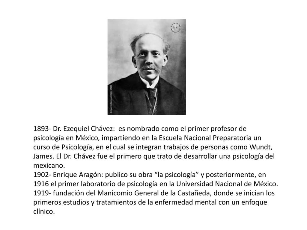 1893- Dr. Ezequiel Chávez: es nombrado como el primer profesor de psicología en México, impartiendo en la Escuela Nacional Preparatoria un curso de Psicología, en el cual se integran trabajos de personas como Wundt, James. El Dr. Chávez fue el primero que trato de desarrollar una psicología del mexicano.