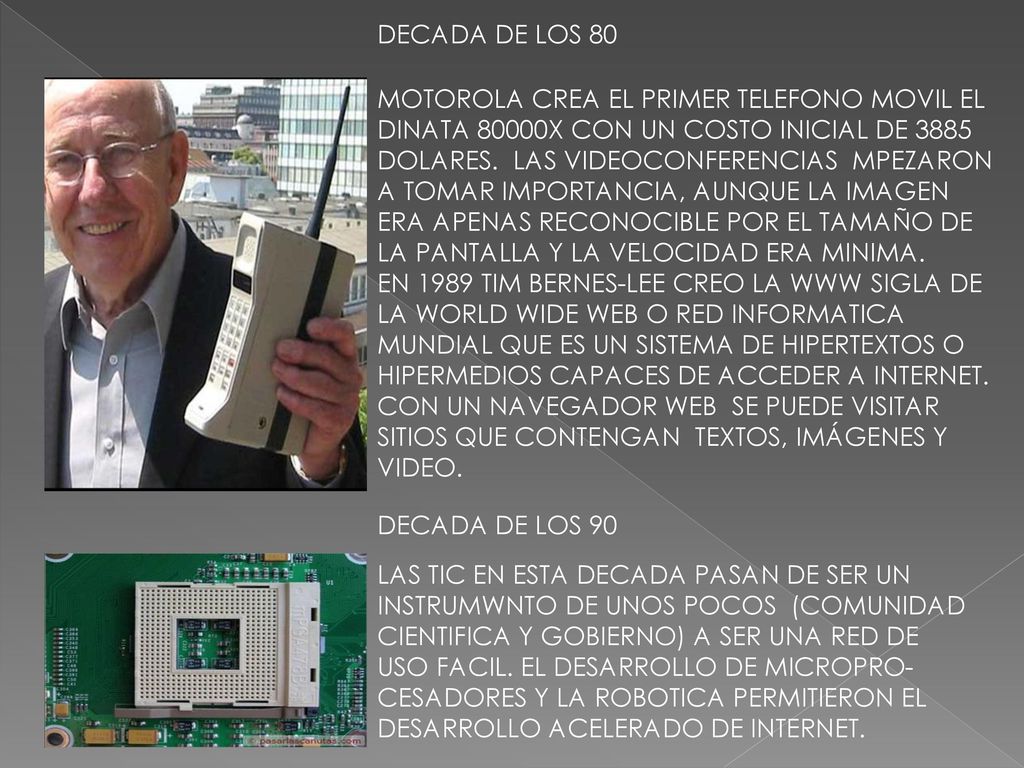 DECADA DE LOS 80 MOTOROLA CREA EL PRIMER TELEFONO MOVIL EL DINATA 80000X CON UN COSTO INICIAL DE 3885 DOLARES. LAS VIDEOCONFERENCIAS MPEZARON.
