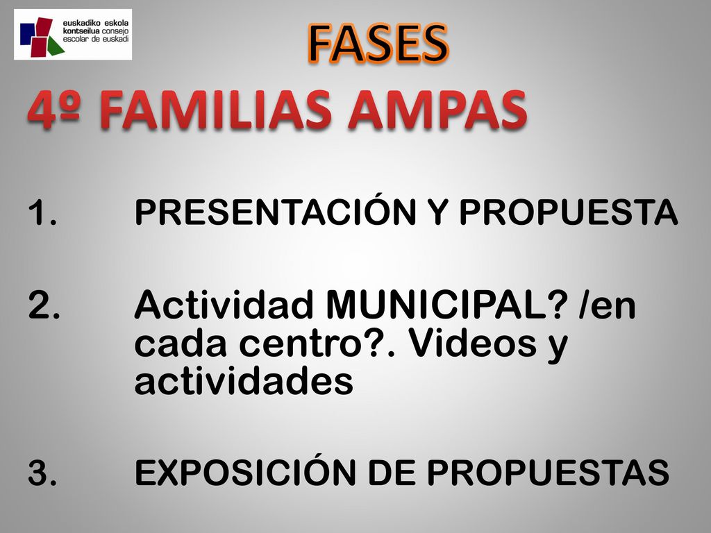FASES 4º FAMILIAS AMPAS. PRESENTACIÓN Y PROPUESTA. Actividad MUNICIPAL /en cada centro . Videos y actividades.