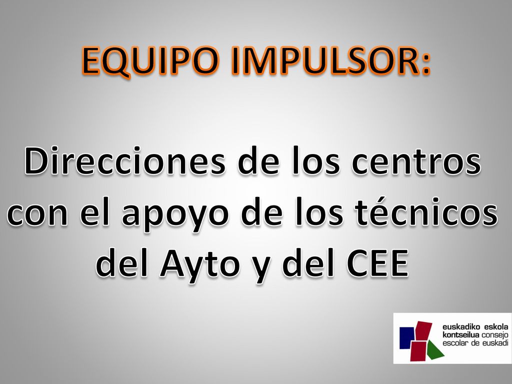 EQUIPO IMPULSOR: Direcciones de los centros con el apoyo de los técnicos del Ayto y del CEE