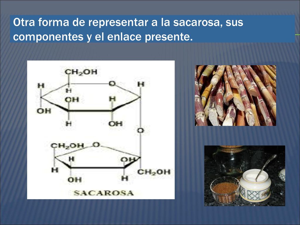 Otra forma de representar a la sacarosa, sus componentes y el enlace presente.