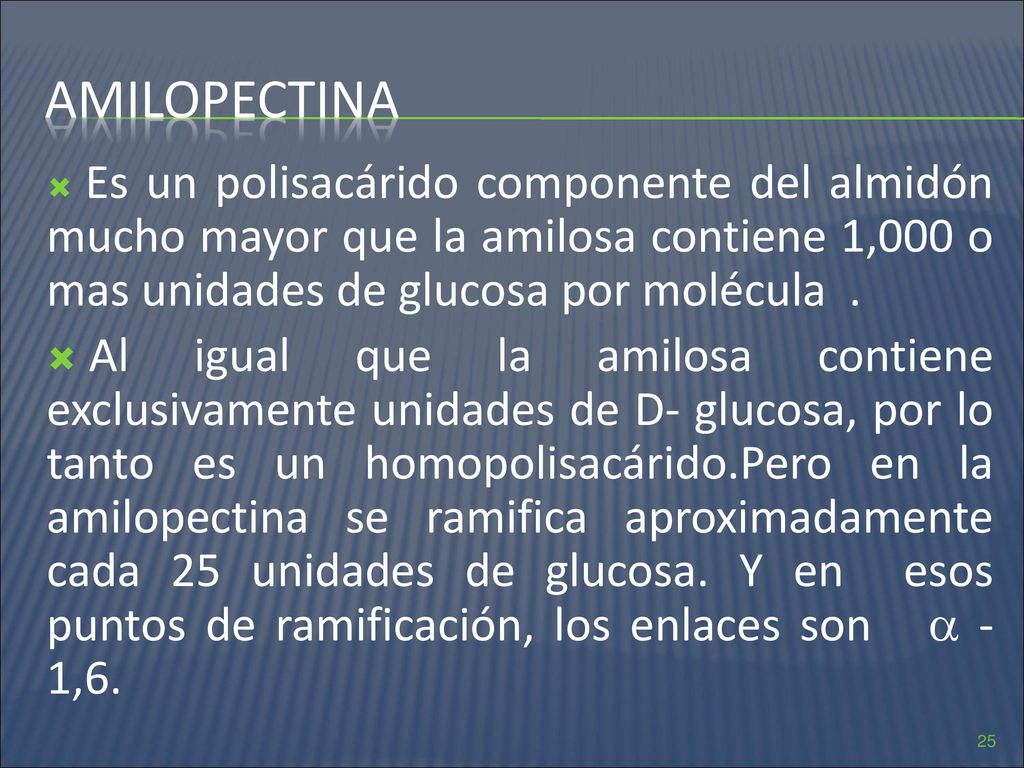 amilopectina Es un polisacárido componente del almidón mucho mayor que la amilosa contiene 1,000 o mas unidades de glucosa por molécula .