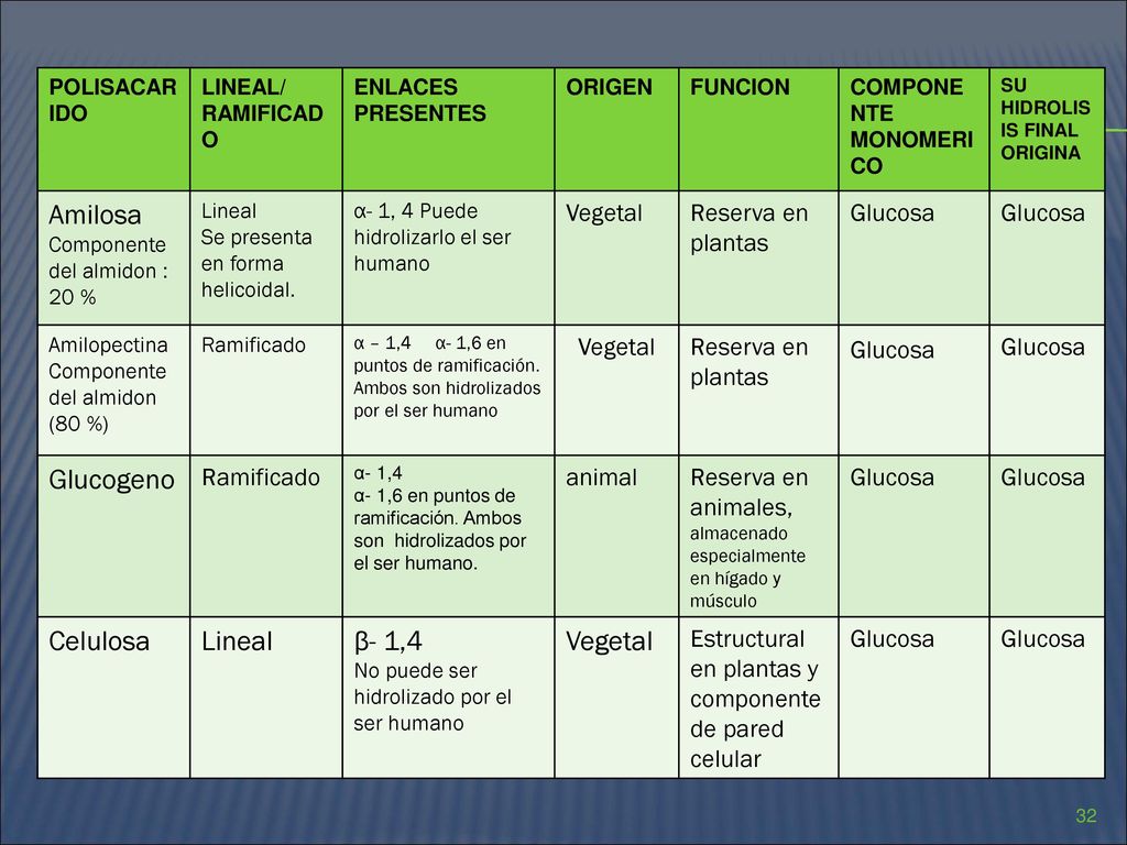 Amilosa Glucogeno Celulosa β- 1,4 Vegetal Reserva en plantas Glucosa