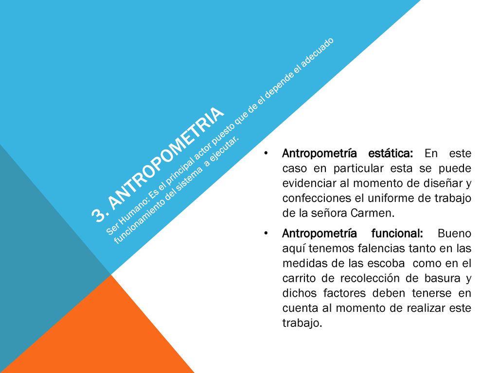 3. ANTROPOMETRIA Ser Humano: Es el principal actor puesto que de el depende el adecuado funcionamiento del sistema a ejecutar.