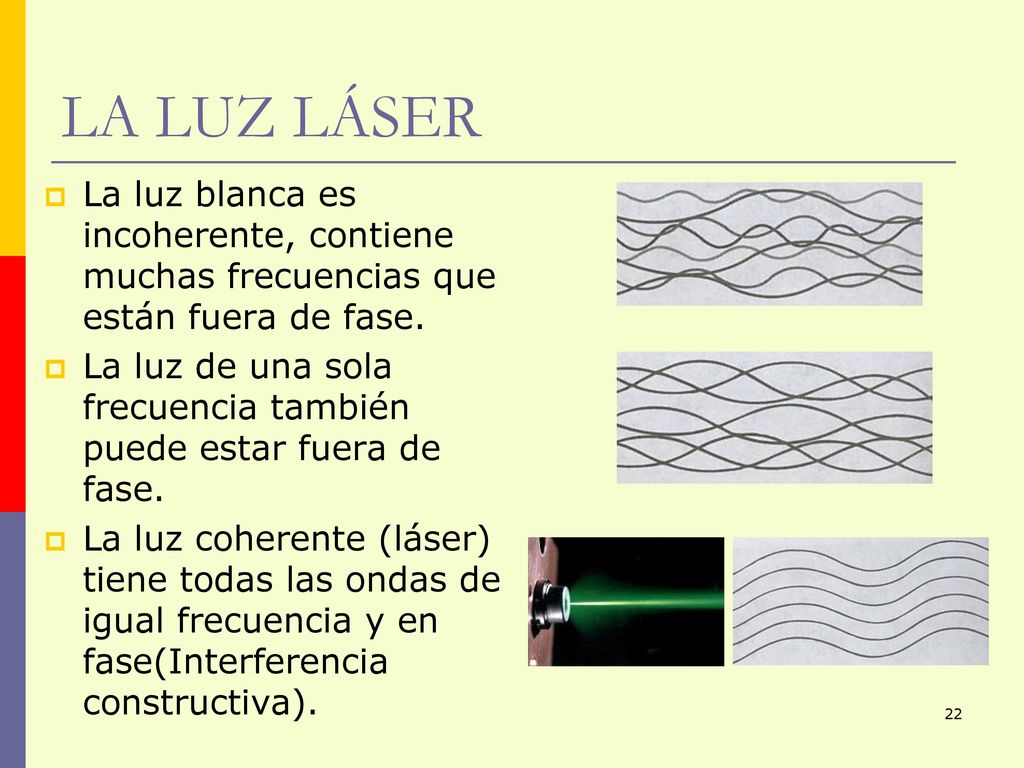 LA LUZ LÁSER La luz blanca es incoherente, contiene muchas frecuencias que están fuera de fase.