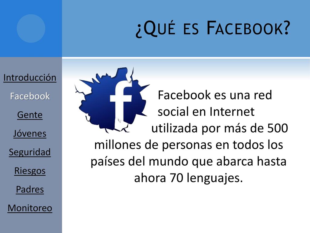 ¿Qué es Facebook Introducción. Facebook. Gente. Jóvenes. Seguridad. Riesgos. Padres. Monitoreo.
