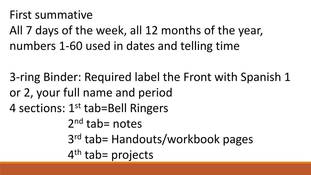 First summative All 7 days of the week, all 12 months of the year, numbers 1-60 used in dates and telling time.