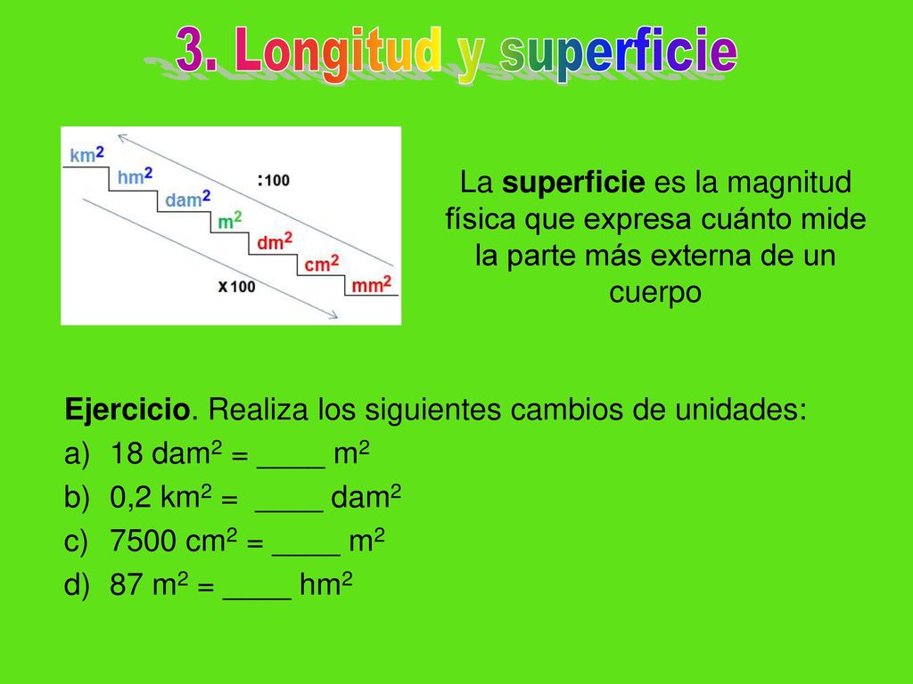 3. Longitud y superficie La superficie es la magnitud física que expresa cuánto mide la parte más externa de un cuerpo.