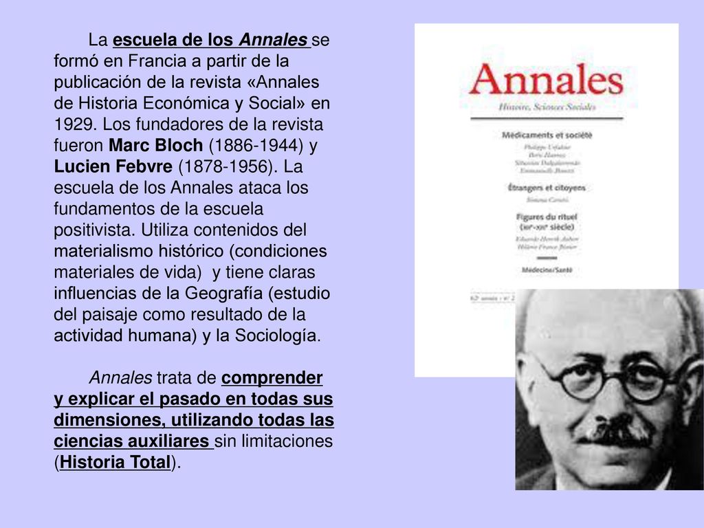 La escuela de los Annales se formó en Francia a partir de la publicación de la revista «Annales de Historia Económica y Social» en Los fundadores de la revista fueron Marc Bloch ( ) y Lucien Febvre ( ). La escuela de los Annales ataca los fundamentos de la escuela positivista. Utiliza contenidos del materialismo histórico (condiciones materiales de vida) y tiene claras influencias de la Geografía (estudio del paisaje como resultado de la actividad humana) y la Sociología.
