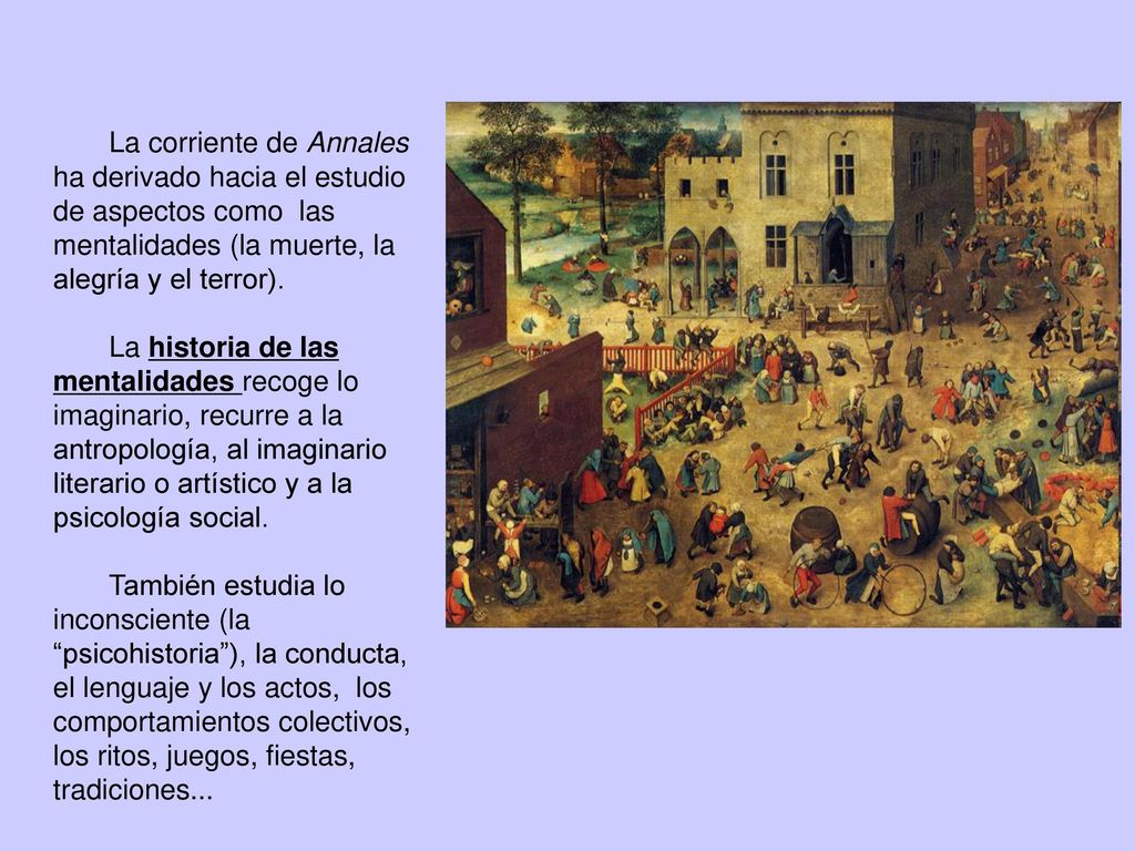 La corriente de Annales ha derivado hacia el estudio de aspectos como las mentalidades (la muerte, la alegría y el terror).