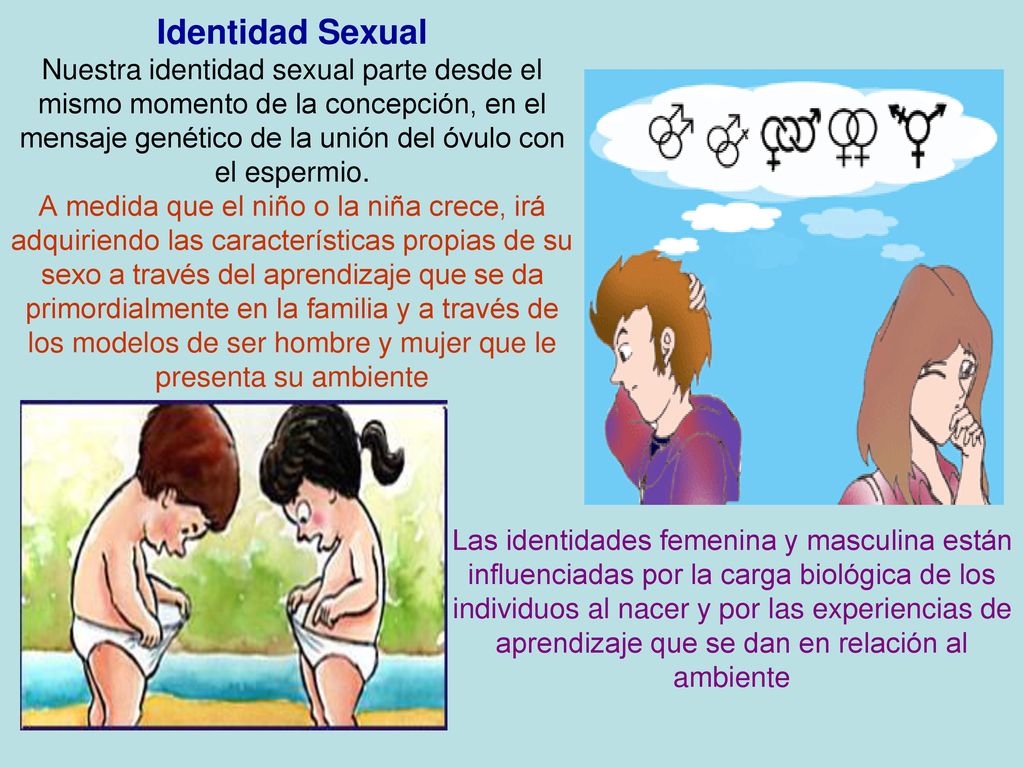 Identidad Sexual Nuestra identidad sexual parte desde el mismo momento de la concepción, en el mensaje genético de la unión del óvulo con el espermio. A medida que el niño o la niña crece, irá adquiriendo las características propias de su sexo a través del aprendizaje que se da primordialmente en la familia y a través de los modelos de ser hombre y mujer que le presenta su ambiente