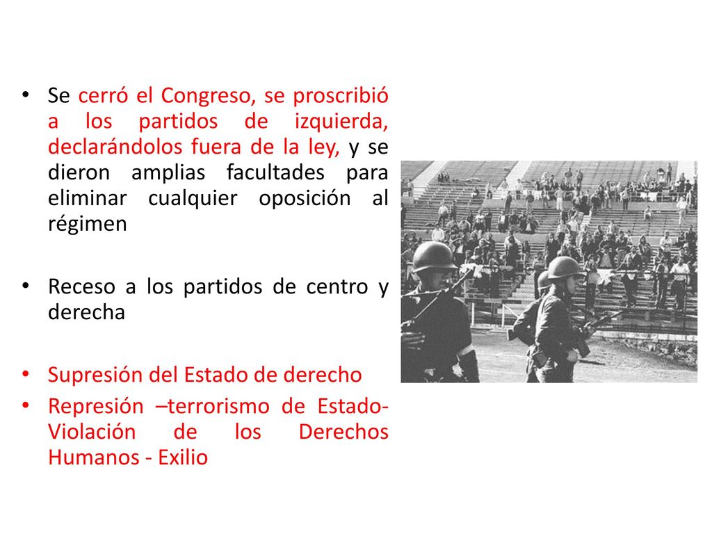 Se cerró el Congreso, se proscribió a los partidos de izquierda, declarándolos fuera de la ley, y se dieron amplias facultades para eliminar cualquier oposición al régimen