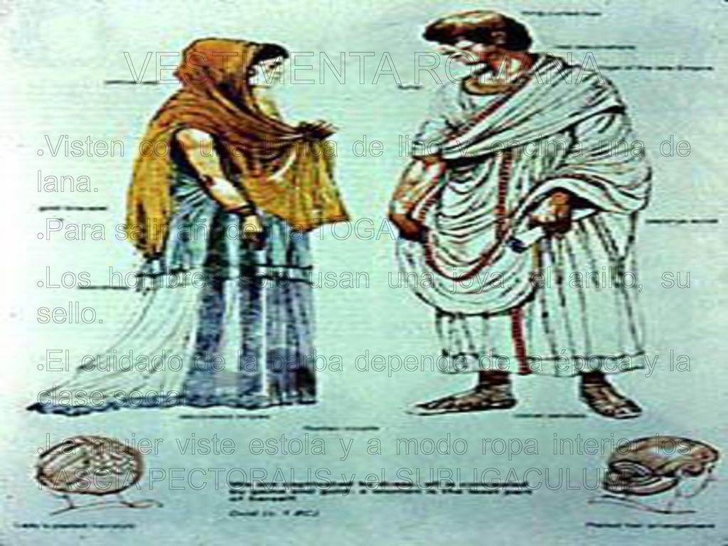 VESTIMENTA ROMANA Visten con una túnica de lino y, encima una de lana.