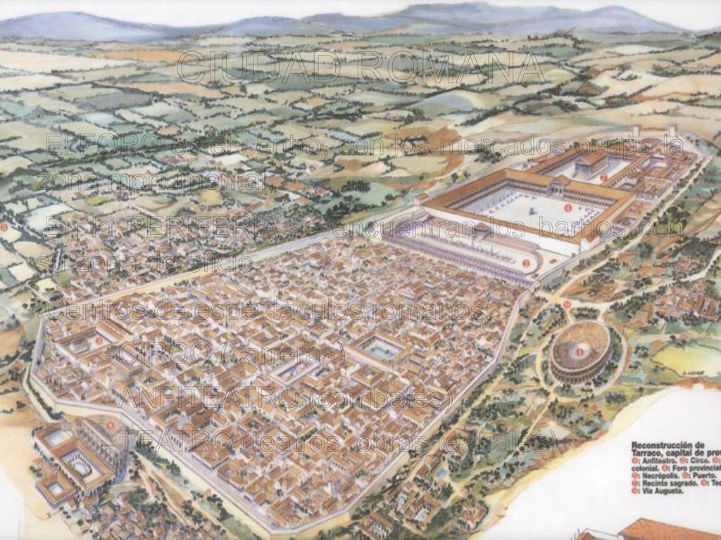 CIUDAD ROMANA El FORO es el centro, con los mercados ocupa la zona monumental. En la PERIFERIA se encuentran los barrios con su zona de oficio.