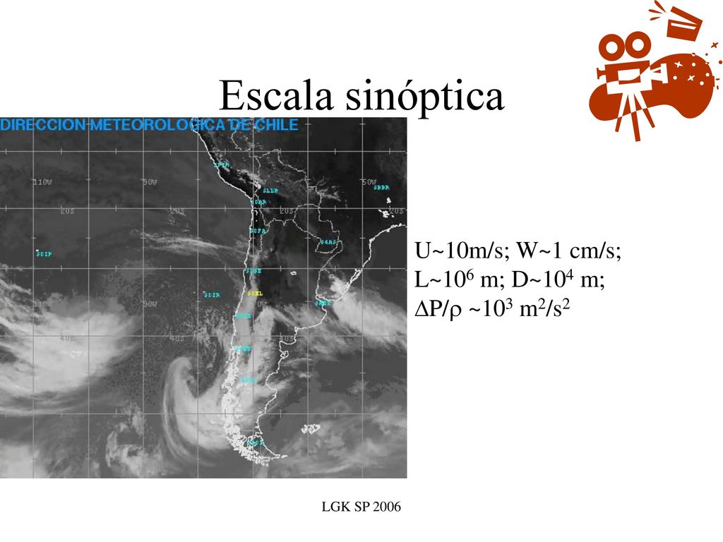 Escala sinóptica U~10m/s; W~1 cm/s; L~106 m; D~104 m; DP/r ~103 m2/s2