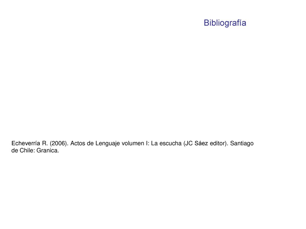 Bibliografía Echeverría R. (2006). Actos de Lenguaje volumen I: La escucha (JC Sáez editor).