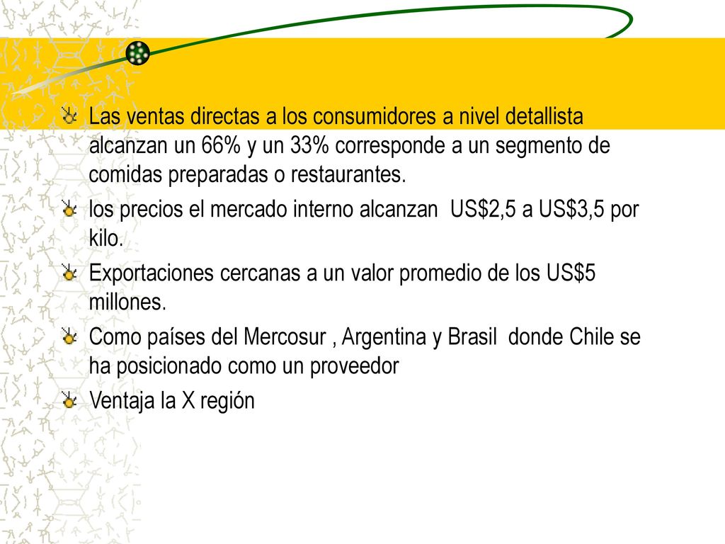 Las ventas directas a los consumidores a nivel detallista alcanzan un 66% y un 33% corresponde a un segmento de comidas preparadas o restaurantes.