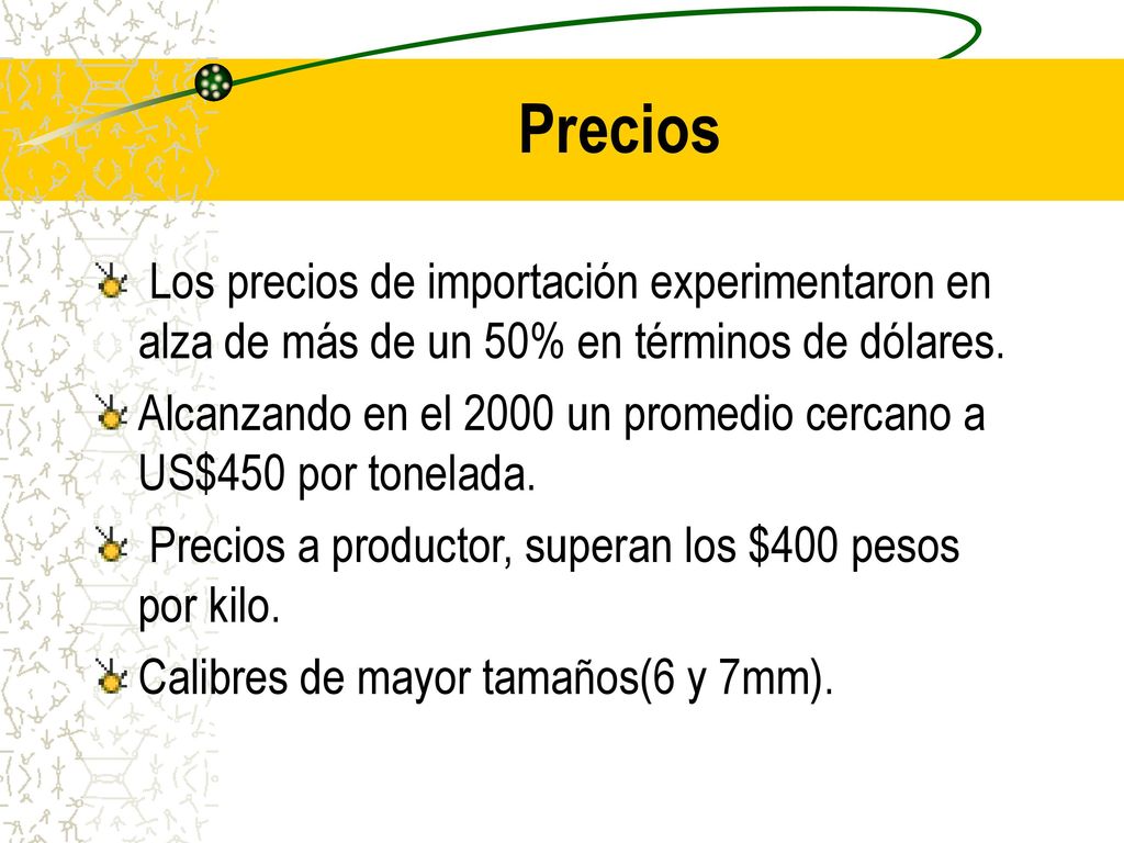 Precios Los precios de importación experimentaron en alza de más de un 50% en términos de dólares.
