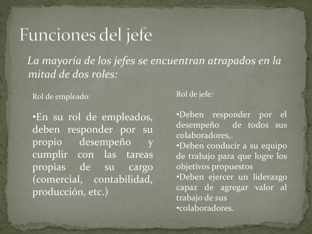 Funciones del jefe La mayoría de los jefes se encuentran atrapados en la mitad de dos roles: Rol de jefe: