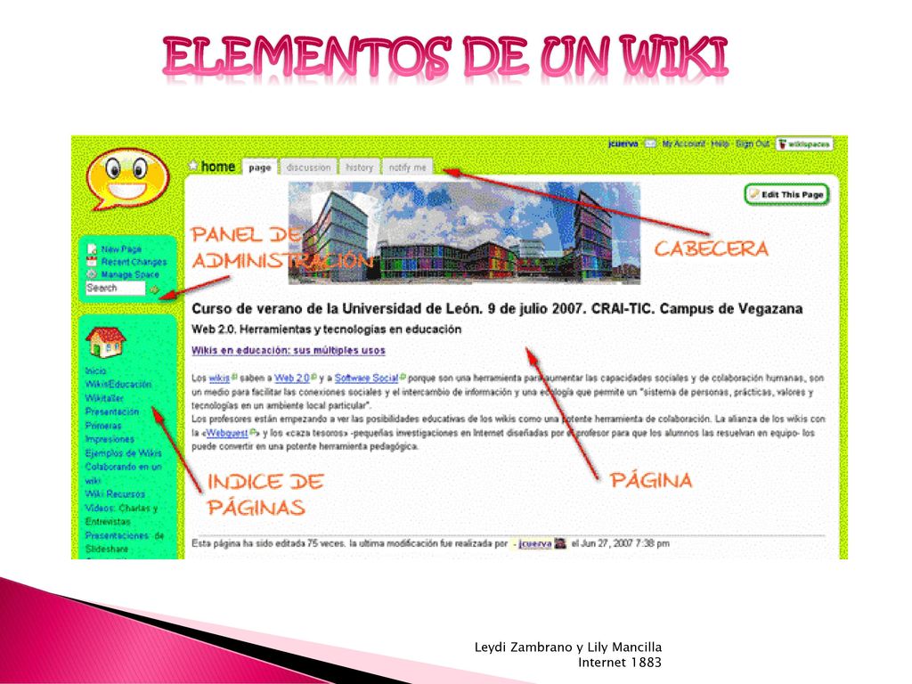 ELEMENTOS DE UN WIKI Leydi Zambrano y Lily Mancilla Internet 1883