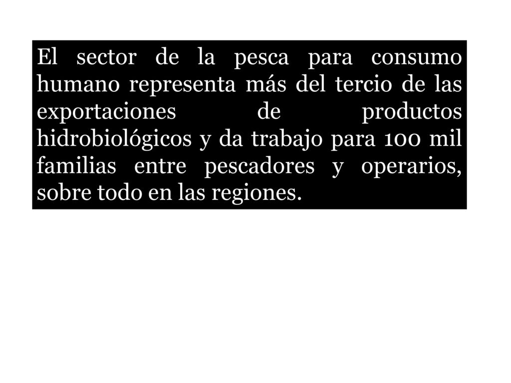 El sector de la pesca para consumo humano representa más del tercio de las exportaciones de productos hidrobiológicos y da trabajo para 100 mil familias entre pescadores y operarios, sobre todo en las regiones.