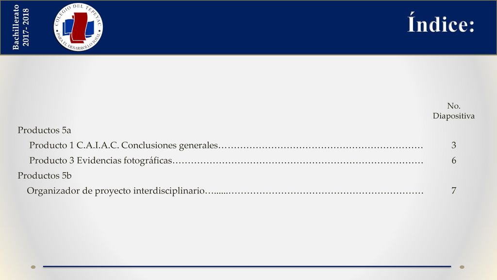 Índice: Bachillerato No. Diapositiva. Productos 5a. Producto 1 C.A.I.A.C. Conclusiones generales…………………………………………………………