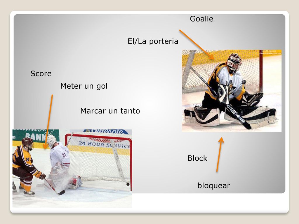 Goalie El/La porteria Score Meter un gol Marcar un tanto Block bloquear