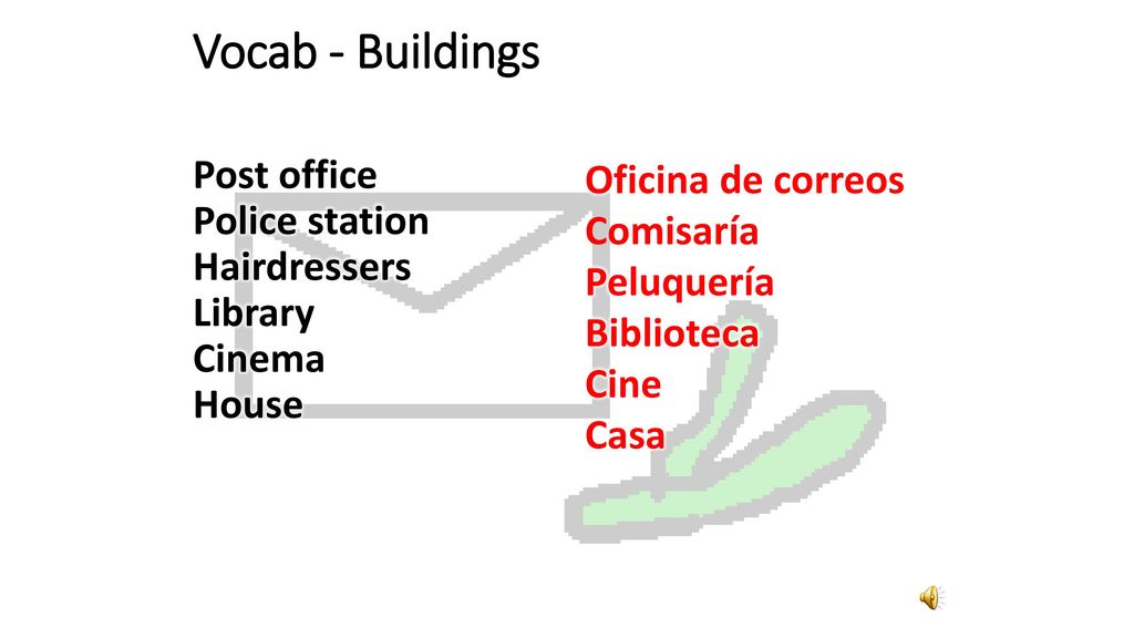 Vocab - Buildings Post office Police station Hairdressers Library Cinema House Oficina de correos.