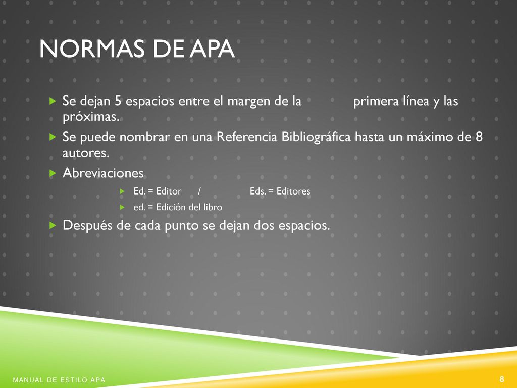 Normas de APA Se dejan 5 espacios entre el margen de la primera línea y las próximas.