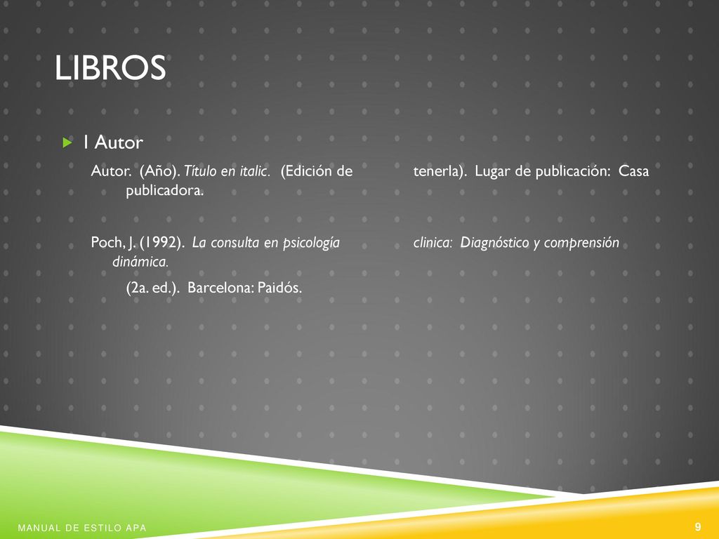 Libros 1 Autor. Autor. (Año). Título en italic. (Edición de tenerla). Lugar de publicación: Casa publicadora.