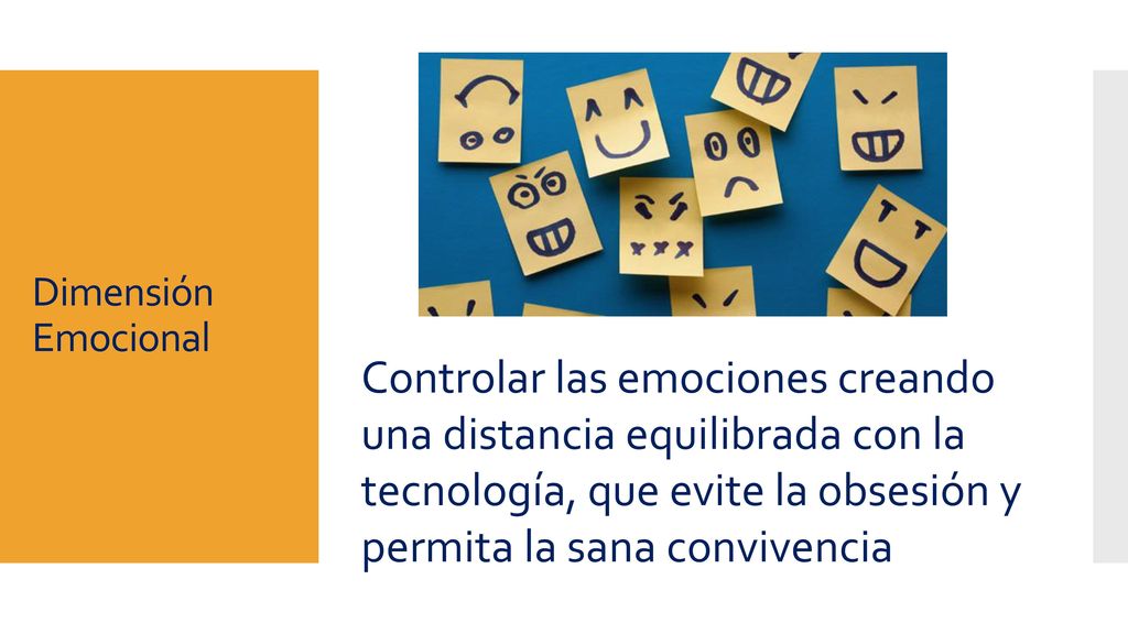 Dimensión Emocional Controlar las emociones creando una distancia equilibrada con la tecnología, que evite la obsesión y permita la sana convivencia.