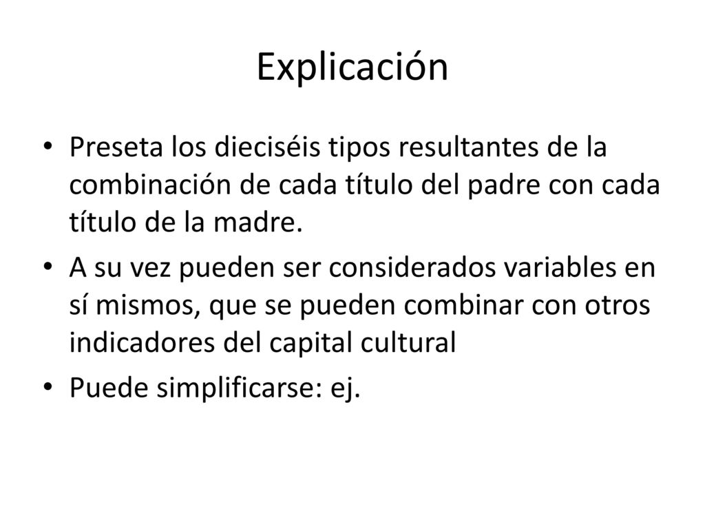 Explicación Preseta los dieciséis tipos resultantes de la combinación de cada título del padre con cada título de la madre.
