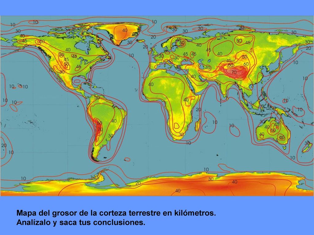 Mapa del grosor de la corteza terrestre en kilómetros.