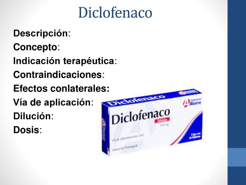 Diclofenaco Descripción: Concepto: Indicación terapéutica: Contraindicaciones: Efectos conlaterales: Vía de aplicación: Dilución: Dosis: