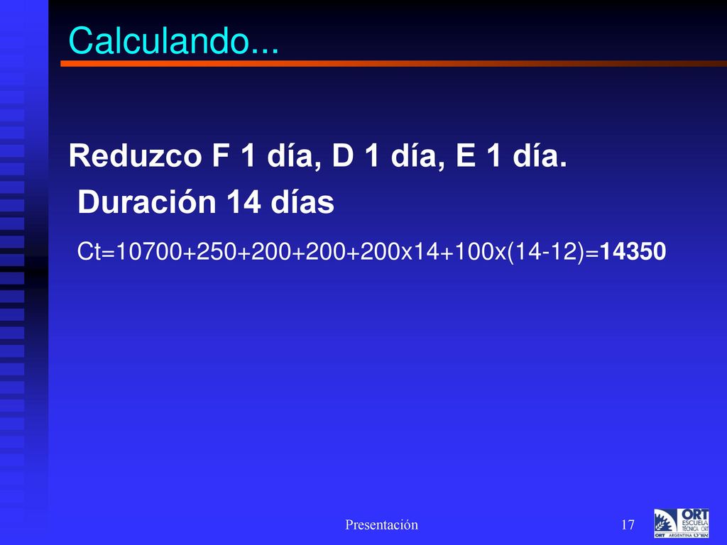Calculando... Reduzco F 1 día, D 1 día, E 1 día. Duración 14 días