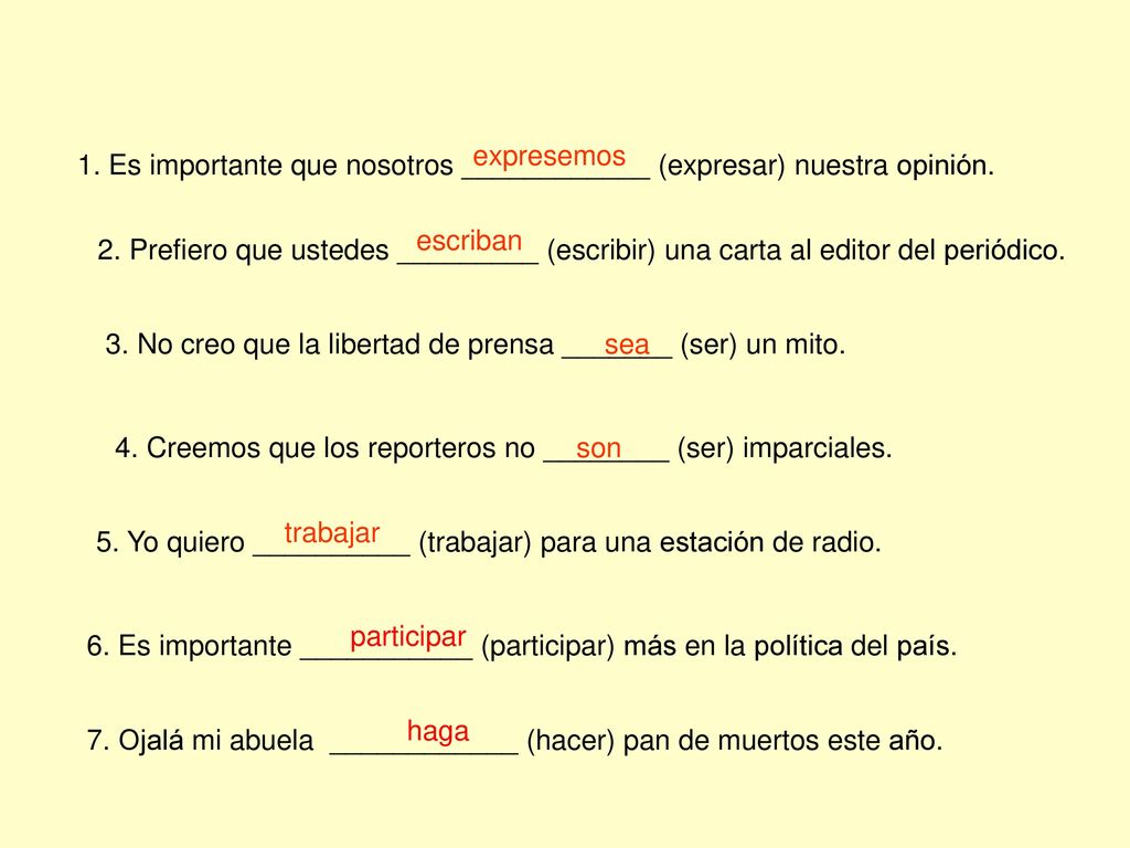 expresemos 1. Es importante que nosotros ____________ (expresar) nuestra opinión. escriban.