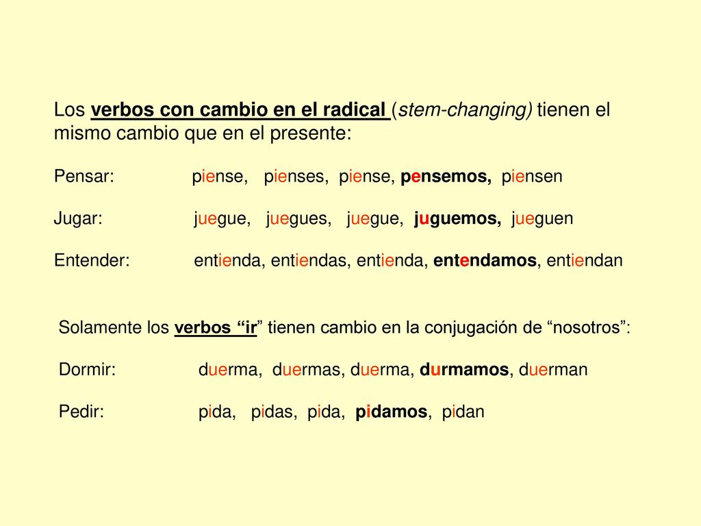 Los verbos con cambio en el radical (stem-changing) tienen el mismo cambio que en el presente: