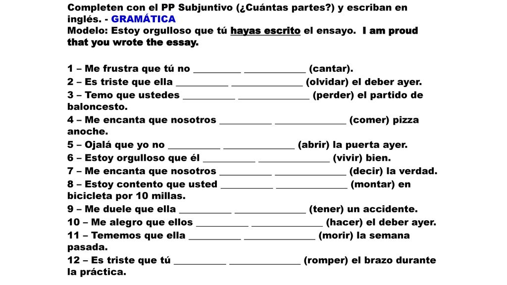 Completen con el PP Subjuntivo (¿Cuántas partes ) y escriban en inglés. - GRAMÁTICA